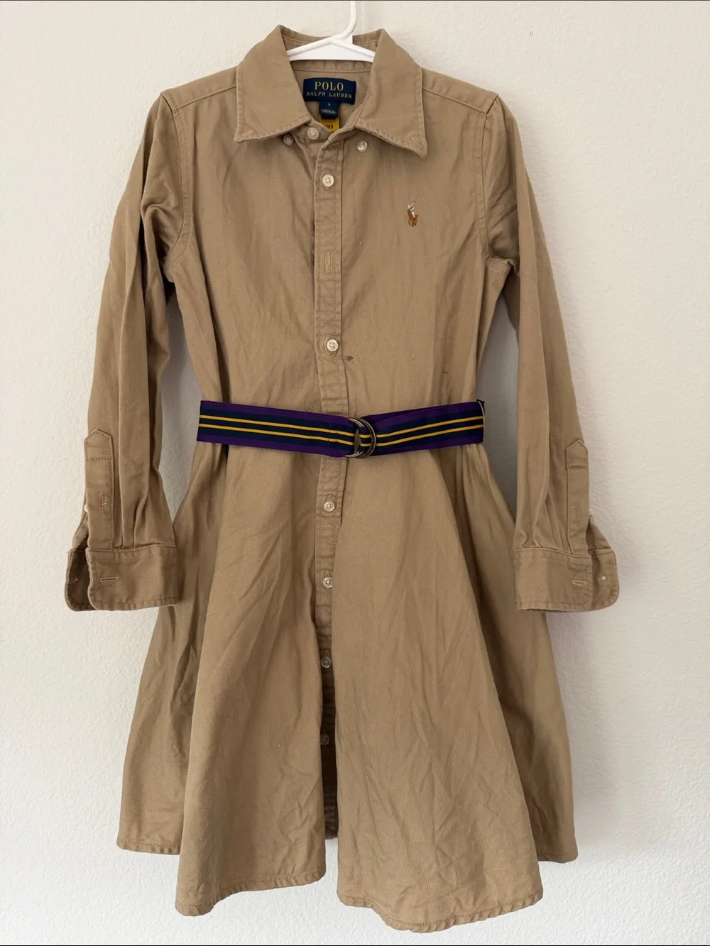 Ralph Lauren belted long sleeve khaki chino dress with collar little girls sz 6